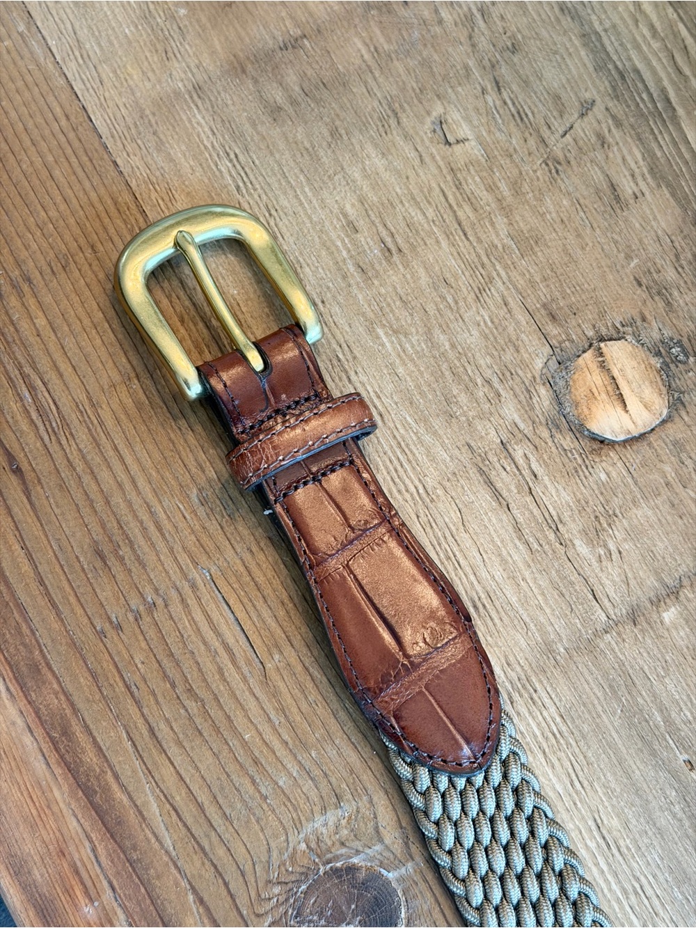 Brighton Beige Woven Elastic Cord Belt Brown Croco Leather Tab. Men’s Sz-36 - Picture 2 of 9